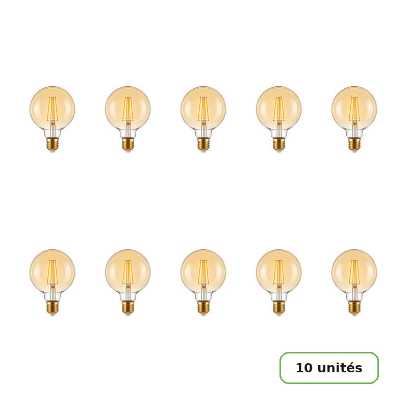 Ampoule LED Filament E27 8W Ambrée G95 - Pack de 10