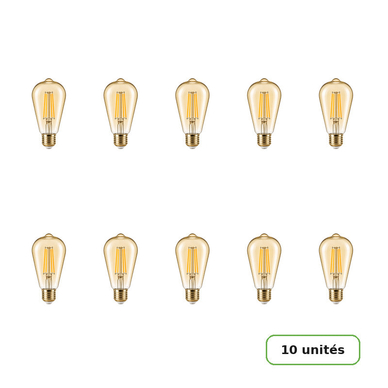 Ampoule LED Filament E27 8W Ambrée ST64 - Pack de 10