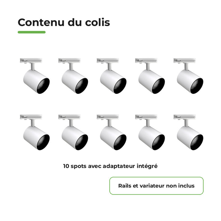 Pack 10 Spot LED sur Rail Monophasé 24W Dimmable TRIAC 36° Blanc