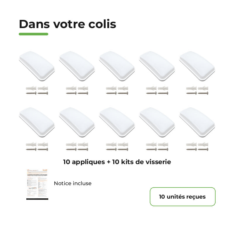 Applique LED Murale 20W Rectangulaire CCT IP65 - 3000K/4200K/6400K - Pack de 10