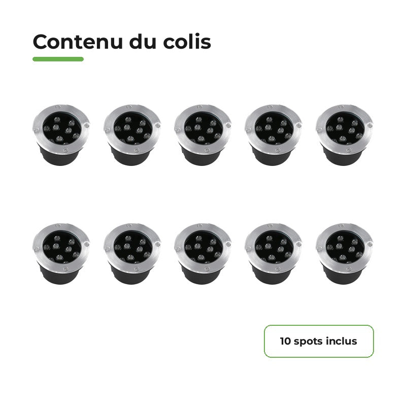 Pack 10 Spot Extérieur Encastrable 9W IP67 220V Sol 30° Ø120 – contenu du colis