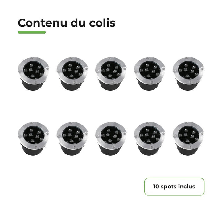 Pack 10 Spot Extérieur Encastrable 9W IP67 220V Sol 30° Ø120 – contenu du colis