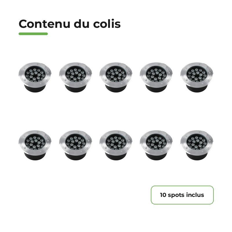 Pack 10 Spot Extérieur Encastrable 12W IP67 220V Sol 30° Ø160 – contenu du colis