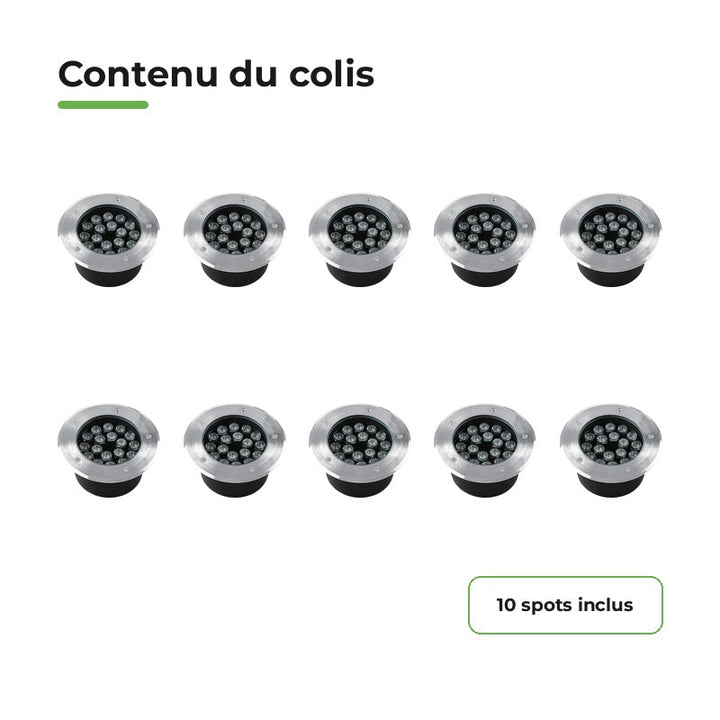 Pack 10 Spot Extérieur Encastrable 12W IP67 220V Sol 30° Ø160 – contenu du colis