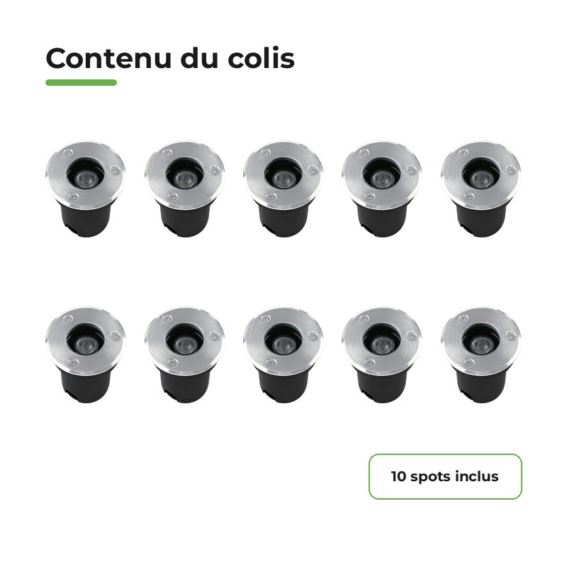 Pack 10 Spot Extérieur Encastrable LED IP67 220V Sol 1W 30° Ø64 – contenu du colis