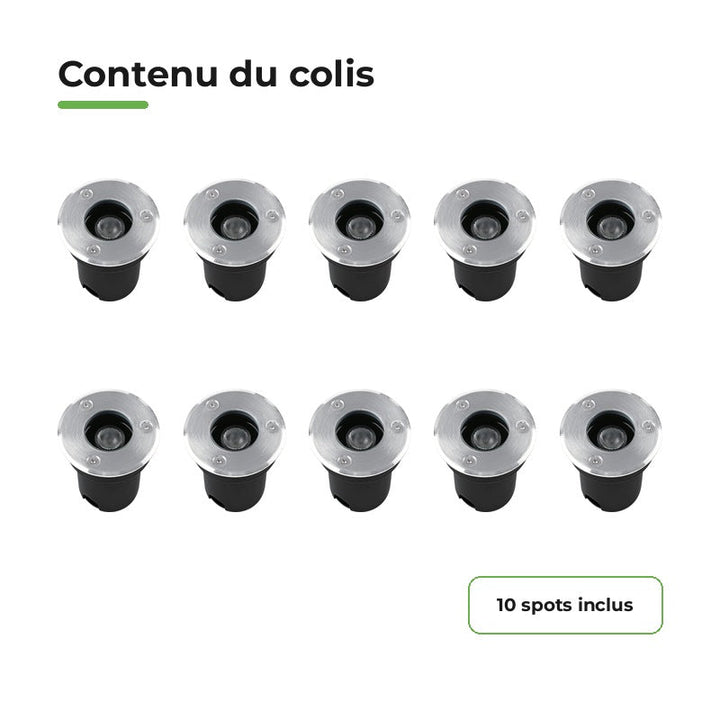 Pack 10 Spot Extérieur Encastrable LED IP67 220V Sol 1W 30° Ø64 – contenu du colis