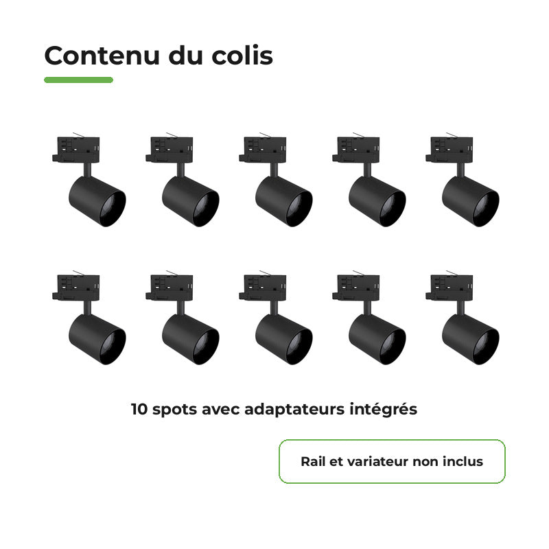 Pack 10 Spot LED sur Rail Triphasé 24W Dimmable TRIAC 36° Noir