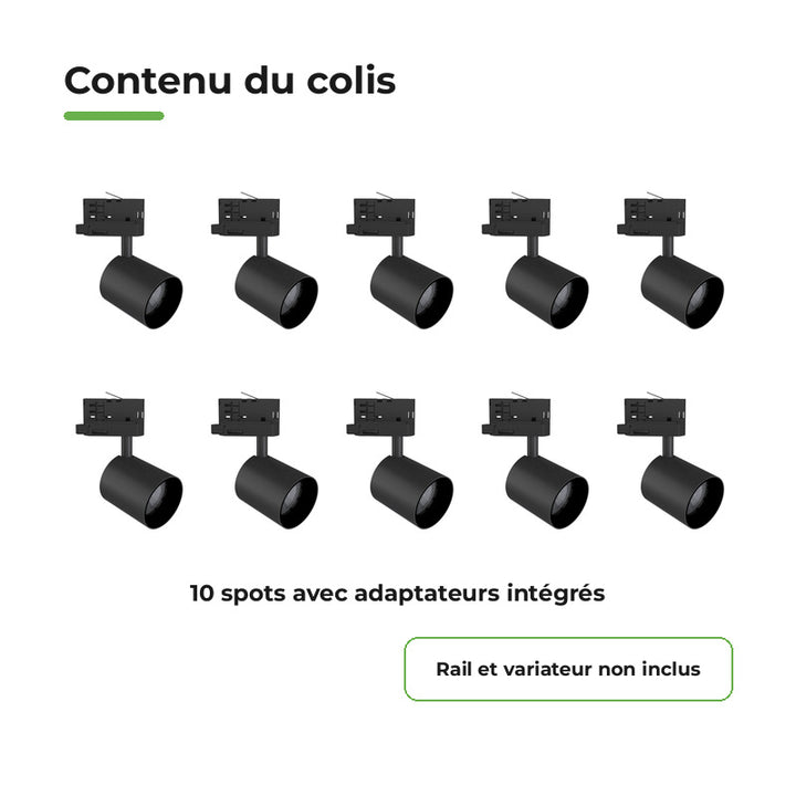 Pack 10 Spot LED sur Rail Triphasé 24W Dimmable TRIAC 36° Noir