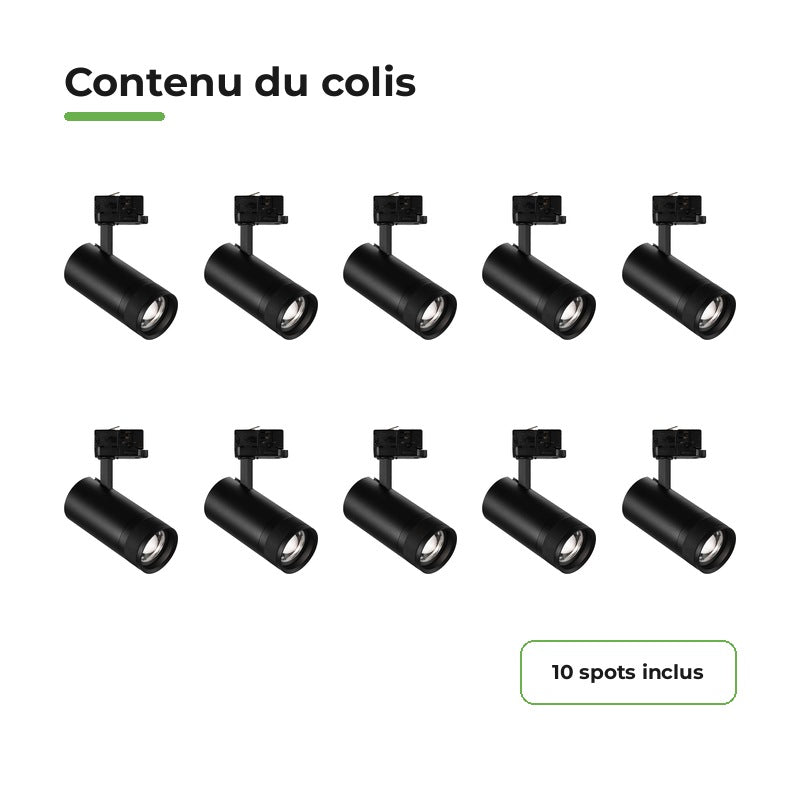 Pack 10 Spot LED sur Rail Angle Ajustable Triphasé 30W 15-60° 3CCT TRIAC Dimmable Noir