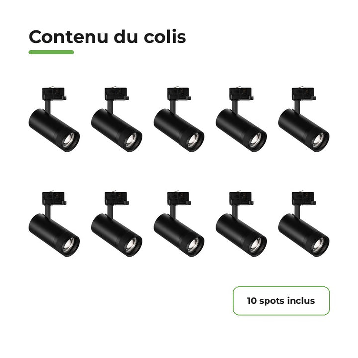 Pack 10 Spot LED sur Rail Angle Ajustable Triphasé 30W 15-60° 3CCT TRIAC Dimmable Noir