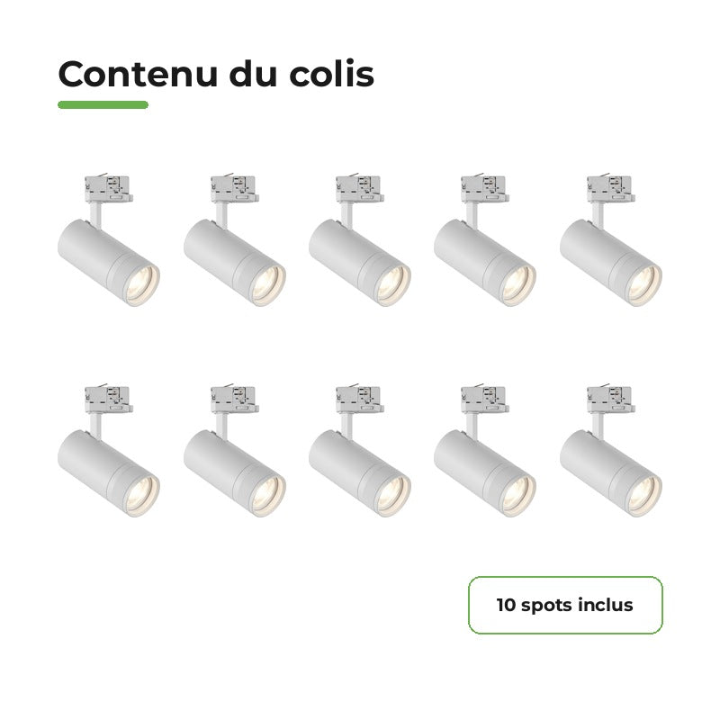 Pack 10 Spot LED sur Rail Angle Ajustable Triphasé 30W 15-60° 3CCT TRIAC Dimmable Blanc