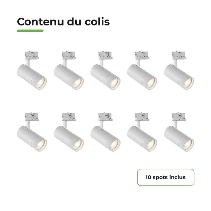 Pack 10 Spot LED sur Rail Angle Ajustable Triphasé 30W 15-60° 3CCT TRIAC Dimmable Blanc