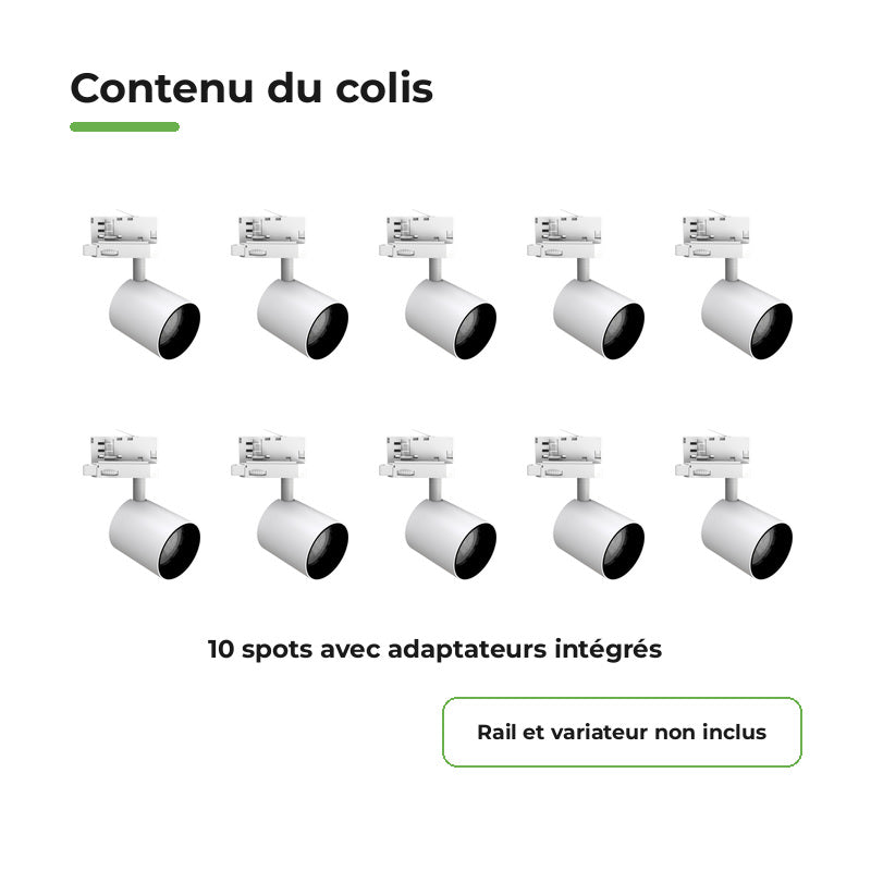 Pack 10 Spot LED sur Rail Triphasé 24W Dimmable TRIAC 36° Blanc