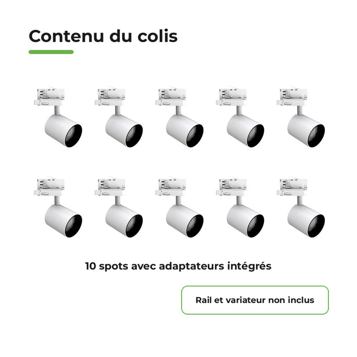 Pack 10 Spot LED sur Rail Triphasé 24W Dimmable TRIAC 36° Blanc