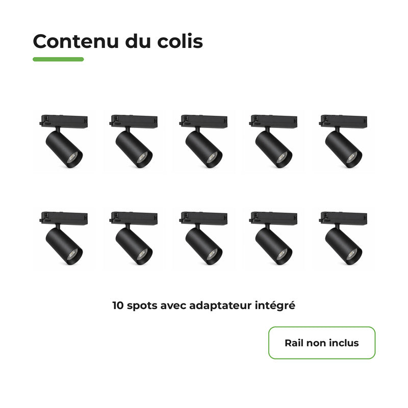 Pack de 10 - Spot LED sur Rail COB Triphasé 10W 36° Noir - Garantie 5 ans