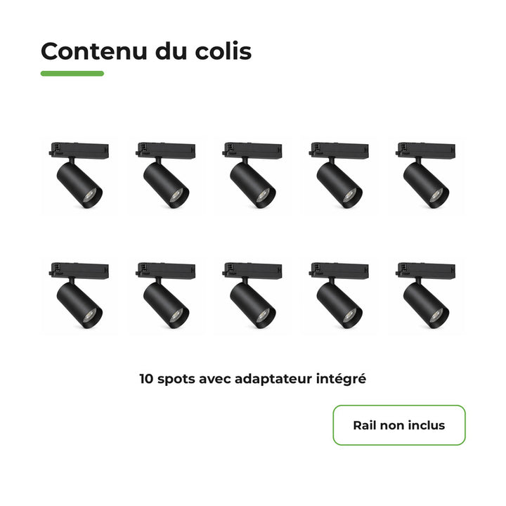 Pack de 10 - Spot LED sur Rail COB Triphasé 10W 36° Noir - Garantie 5 ans