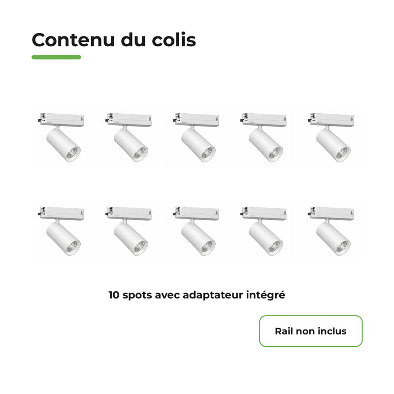 Pack de 10 - Spot LED sur Rail COB Triphasé 10W 36° Blanc - Garantie 5 ans