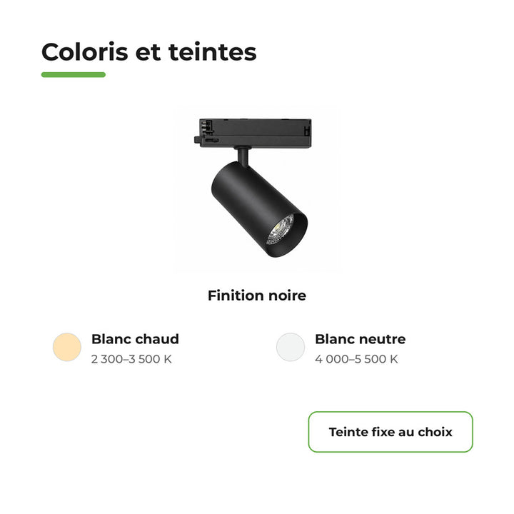 Pack 10 Spot LED sur Rail COB Triphasé 20W 36° Noir - Garantie 5 ans