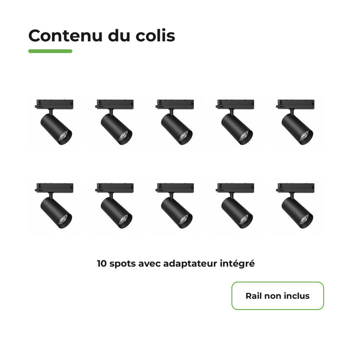 Pack 10 Spot LED sur Rail COB Triphasé 20W 36° Noir - Garantie 5 ans