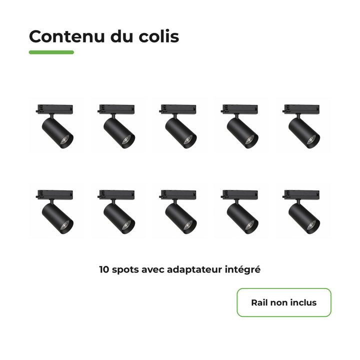 Pack 10 Spot LED sur Rail COB Triphasé 30W 36° Noir - Garantie 5 ans