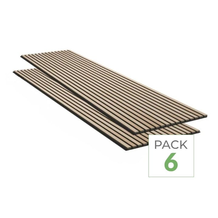 Lot de 6 Panneaux Acoustiques Muraux - Tasseaux Finition Chêne Blanc - Fond Noir - 240x60x2,2cm