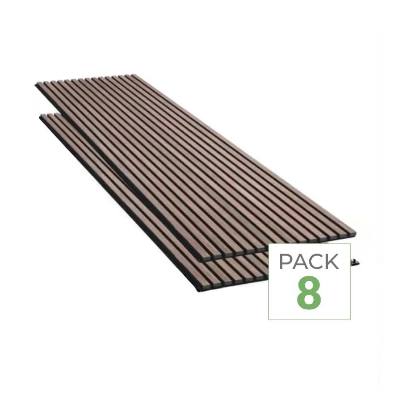 Lot de 8 Panneaux Acoustiques Muraux - Tasseaux Finition Noyer - Fond Noir - 240x60x2,2cm