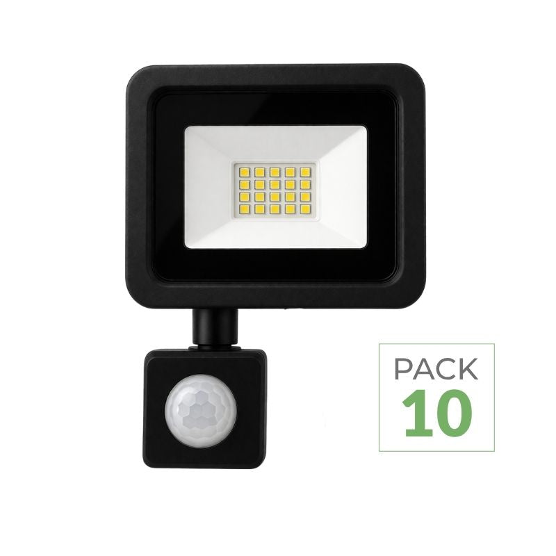 Pack de  10 - Projecteur LED Extérieur 20W IP65 NOIR avec Détecteur de Mouvement Crépusculaire