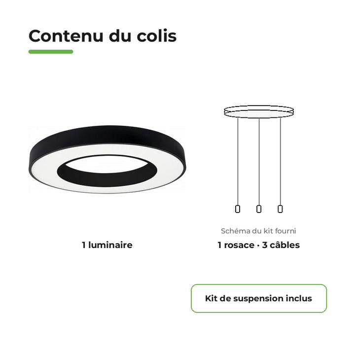 Plafonnier LED Noir 36W 50cm avec Kit de Suspension