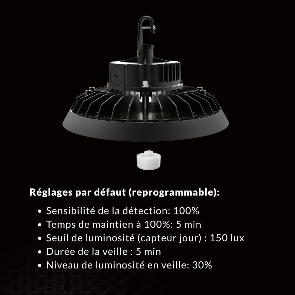 Suspension LED Industrielle UFO Dimmable 150W-200W-250W 187lm/W avec détecteur de mouvement - Garantie 5 ans