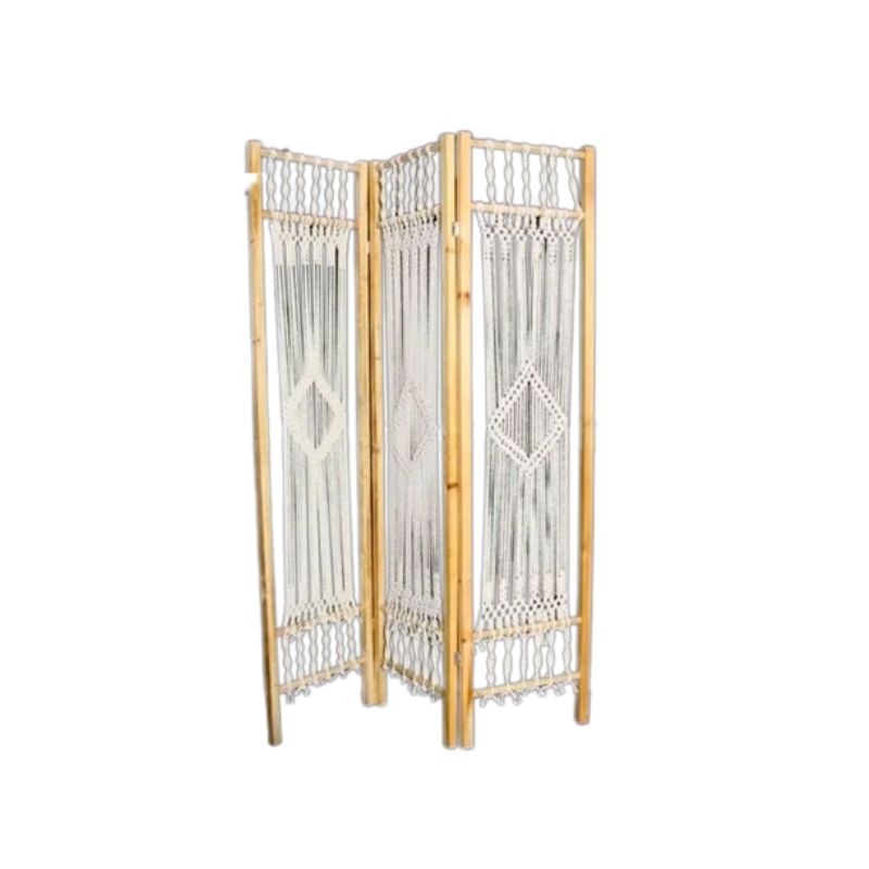 Wooden screen and macrame with 3 folding panels