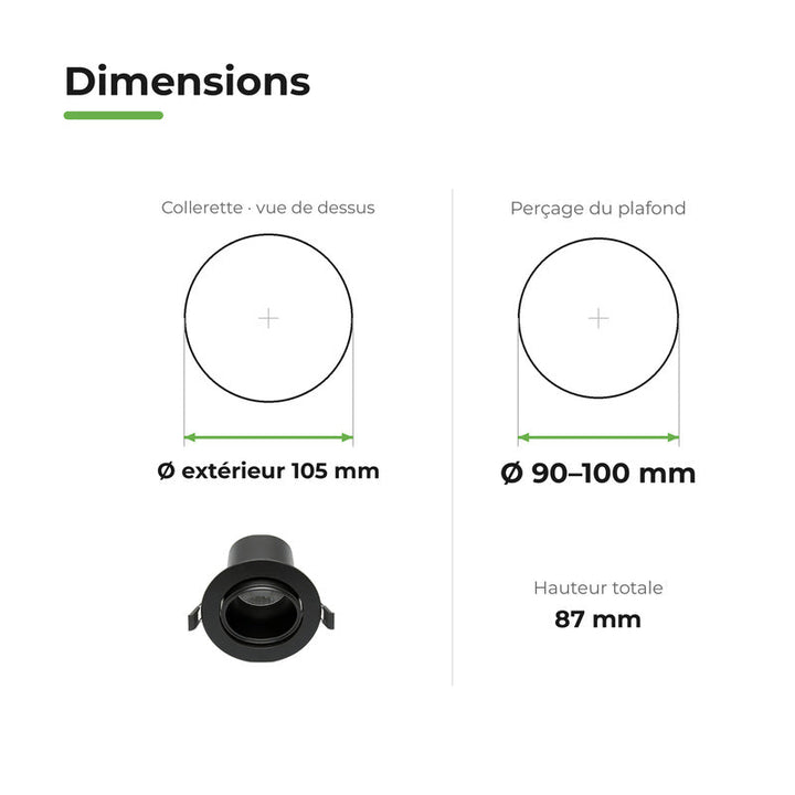 Spot Encastrable Orientable Anti-Éblouissement 8W Dimmable CCT Noir - 3000K/4000K/5700K – dimensions