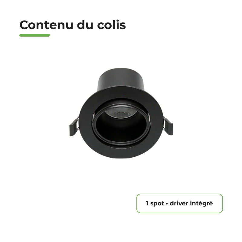 Spot Encastrable Orientable Anti-Éblouissement 8W Dimmable CCT Noir - 3000K/4000K/5700K – contenu du colis