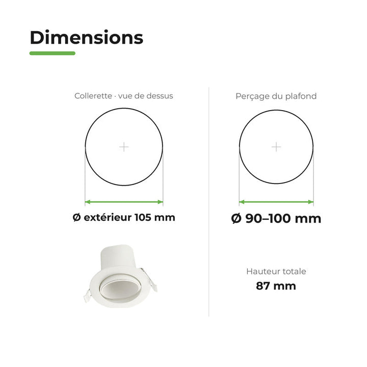 Spot Encastrable Orientable Anti-Éblouissement 8W Dimmable CCT Blanc - 3000K/4000K/5700K – dimensions