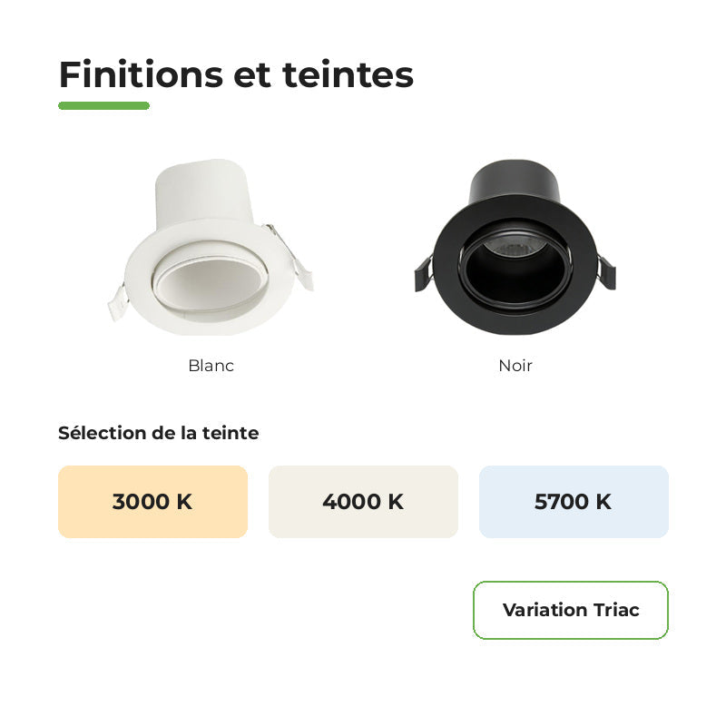 Spot Encastrable Orientable Anti-Éblouissement 8W Dimmable CCT Blanc - 3000K/4000K/5700K – variantes