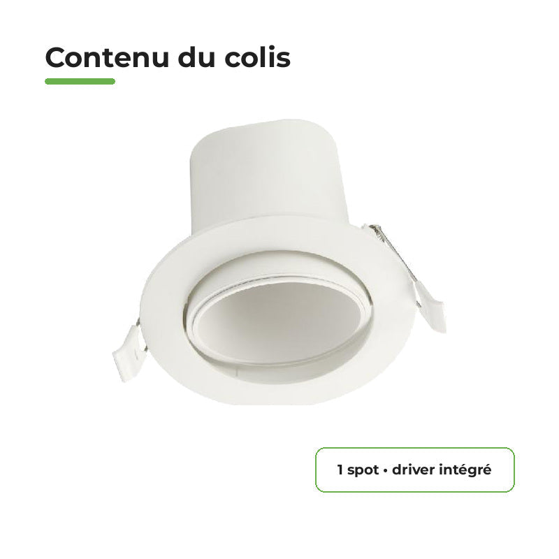Spot Encastrable Orientable Anti-Éblouissement 8W Dimmable CCT Blanc - 3000K/4000K/5700K – contenu du colis