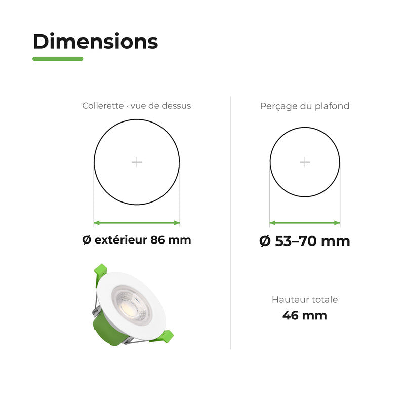 Spot Encastrable Coupe-Feu 6W Dimmable CCT IP65 Blanc - 3000K/4000K/6500K – dimensions