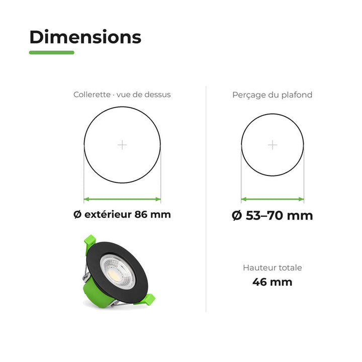 Spot Encastrable Coupe-Feu 6W Dimmable CCT IP65 Noir - 3000K/4000K/6500K – dimensions