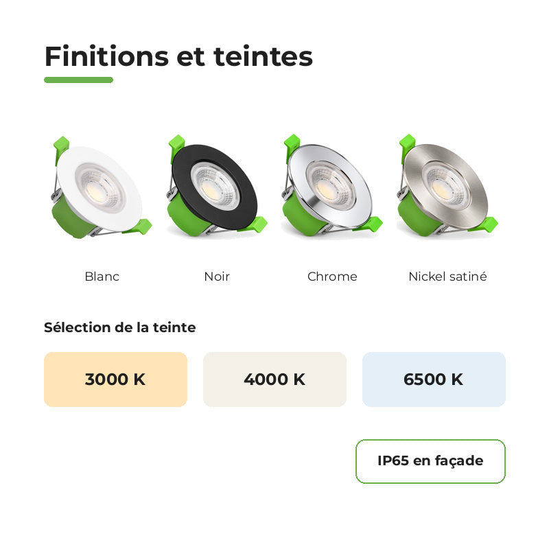 Spot Encastrable Coupe-Feu 6W Dimmable CCT IP65 Noir - 3000K/4000K/6500K – variantes