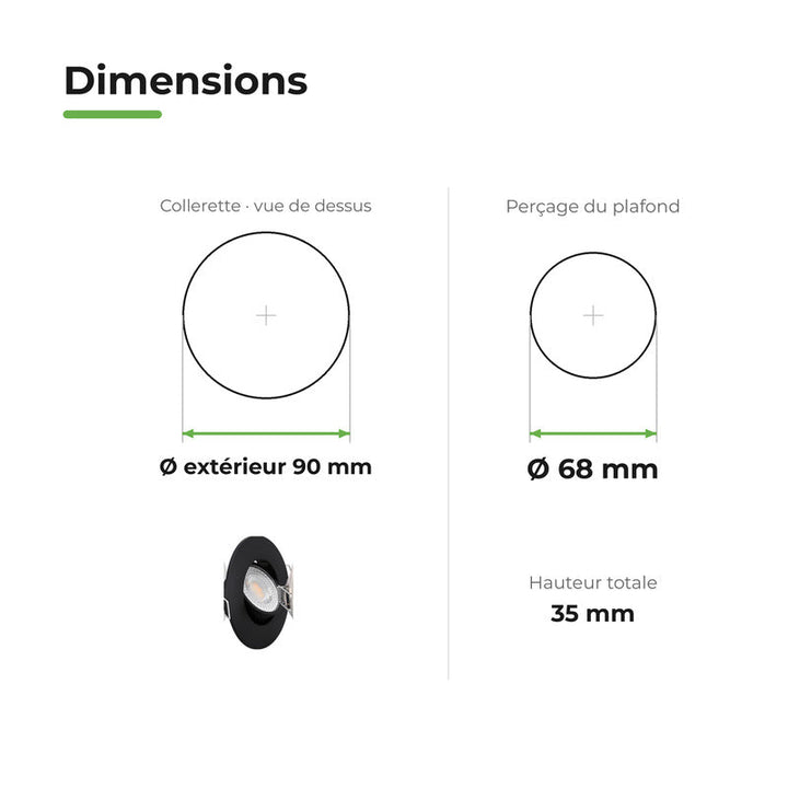 Spot Encastrable Extra Plat 4W CCT Noir ø90mm - 3000K/4000K/6500K – dimensions