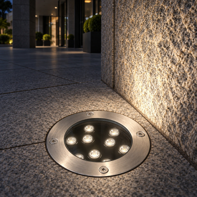 Spot Extérieur Encastrable 9W IP67 220V Sol 30° Ø120 – rendu allumé