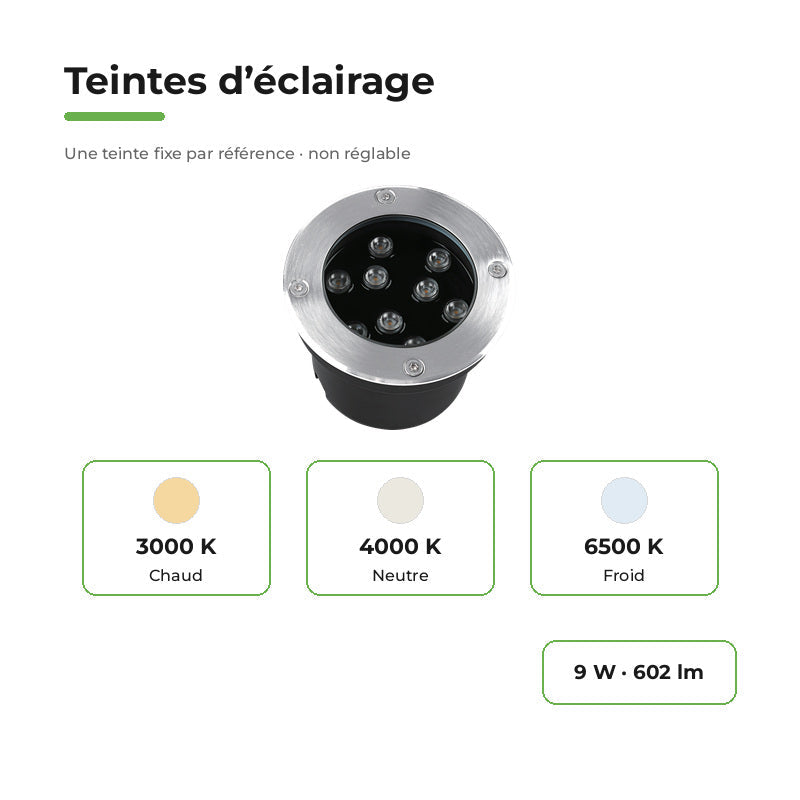 Spot Extérieur Encastrable 9W IP67 220V Sol 30° Ø120 – variantes