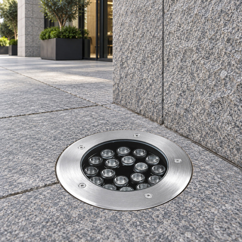 Spot Extérieur Encastrable 18W IP67 220V Sol 30° Ø180 – mise en situation