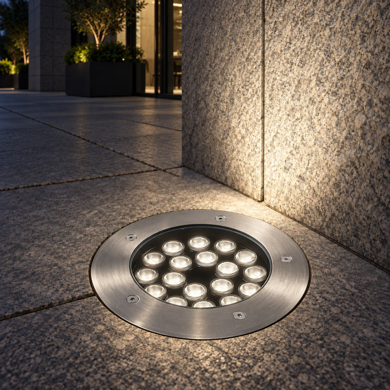 Spot Extérieur Encastrable 18W IP67 220V Sol 30° Ø180 – rendu allumé