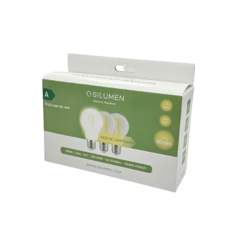 Pack de 3 Ampoules LED E27 A60 3.8W Filament Classe Énergétique A