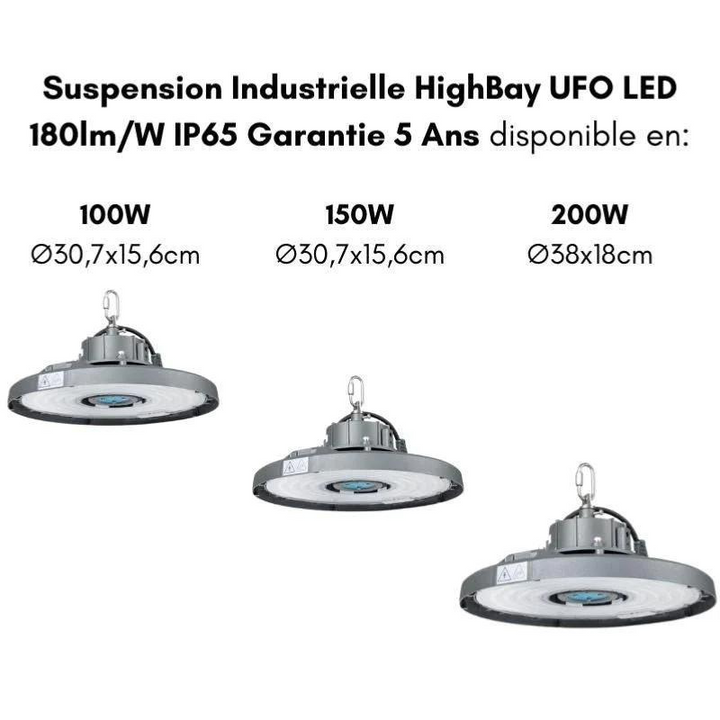 Suspension Industrielle HighBay UFO Haut Rendement 150W 180lm/W IP65 Garantie 5 Ans