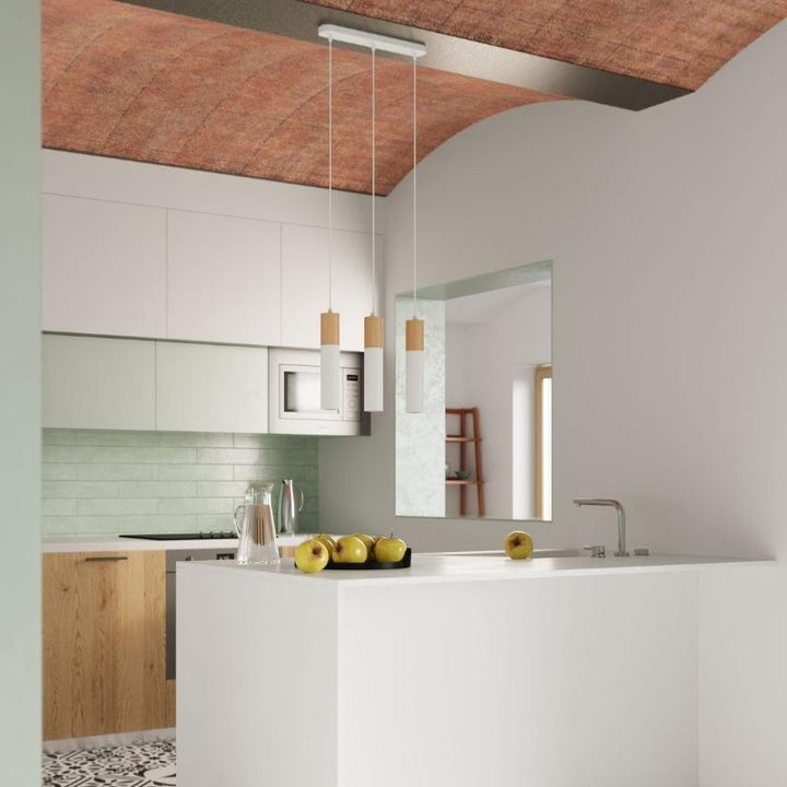Suspension 3 Lampes Bois et Blanc pour Ampoules GU10