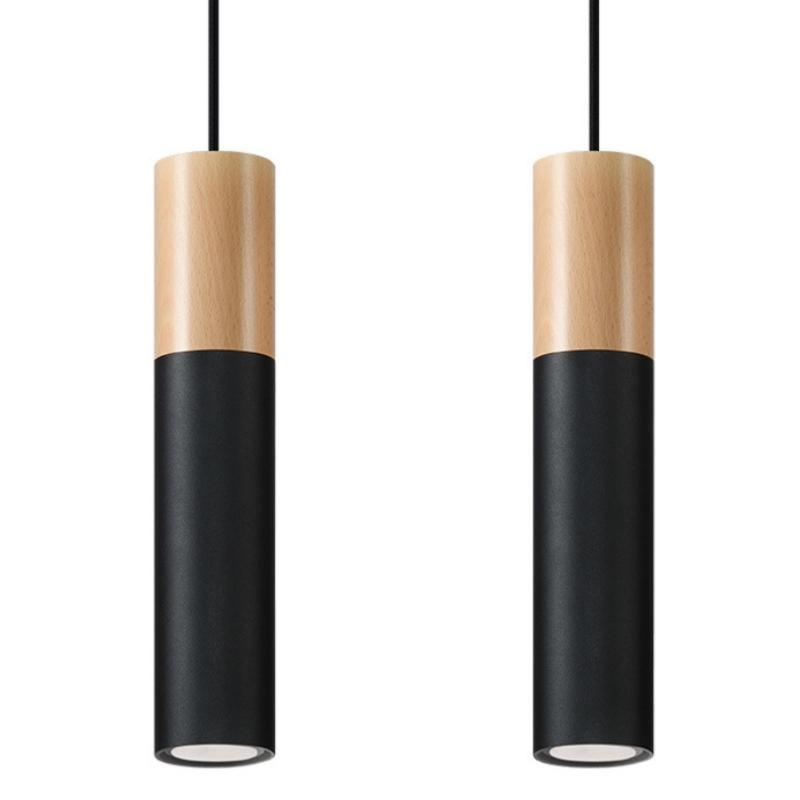 Suspension 2 Lampes Bois et Noir pour Ampoules GU10