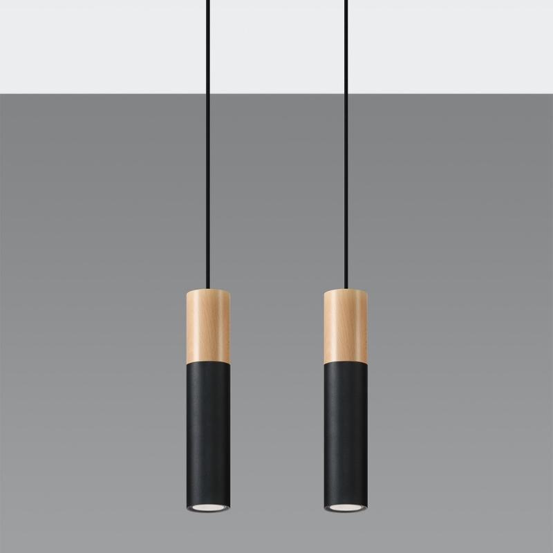 Suspension 2 Lampes Bois et Noir pour Ampoules GU10