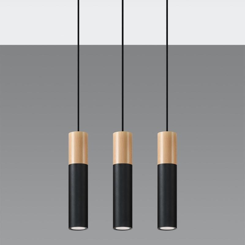 Suspension 3 Lampes Bois et Noir pour Ampoules GU10