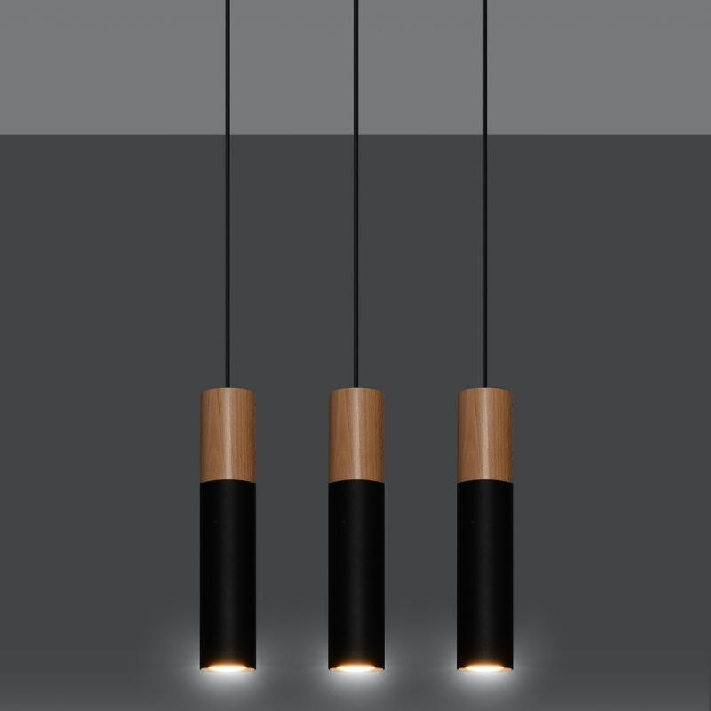 Suspension 3 Lampes Bois et Noir pour Ampoules GU10